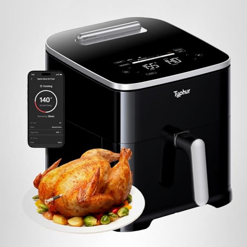 Typhur Sync 8QT Smart Air Fryer, 9-in-1 XL Ceramic, Wireless Meat Thermometer, 450°F, Cooks 6lb Chicken, Quiet, Dishwasher Safe, 120V