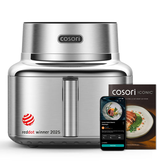 Cosori Iconic 6.5QT Smart Air Fryer, Stainless Steel, PFAS-Free Ceramic, 450°F, Air Fry Roast Bake Dry Proof Reheat, Dishwasher Safe