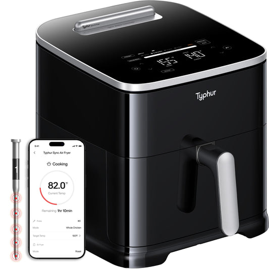Typhur Sync 8QT Smart Air Fryer, 9-in-1 XL Ceramic, Wireless Meat Thermometer, 450°F, Cooks 6lb Chicken, Quiet, Dishwasher Safe, 120V