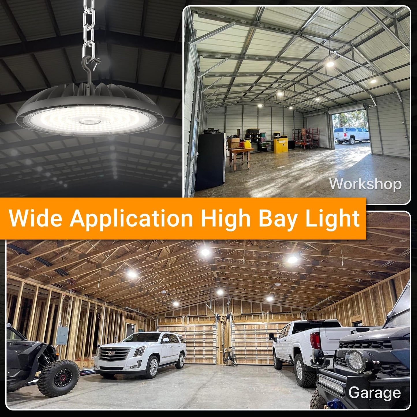 DEMILARE 4-Pack 250W LED High Bay Lights, 37,500 lm, 5000K, US Plug, Commercial Shop, Garage, Warehouse Lighting Fixture