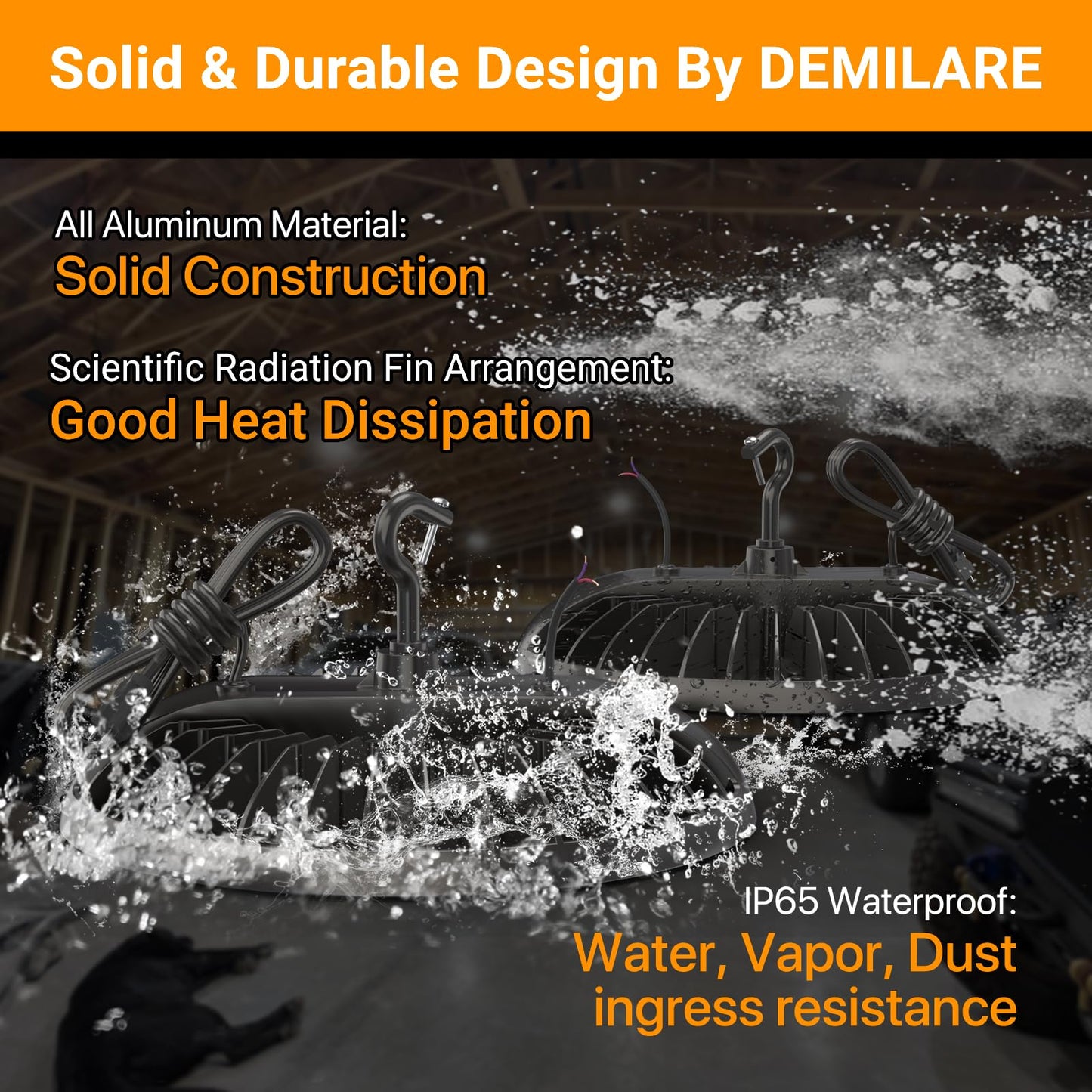 DEMILARE 4-Pack 250W LED High Bay Lights, 37,500 lm, 5000K, US Plug, Commercial Shop, Garage, Warehouse Lighting Fixture