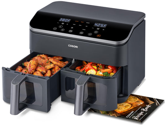 COSORI 9QT Dual Air Fryer, 10-in-1, Double Baskets, Sync Cook & Finish, Air Fry Roast Bake Broil Reheat, 130 Recipes, Dishwasher Safe